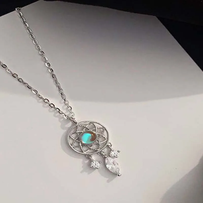 Fashion Silver Color Dream Catcher Zircon Pendant Necklace for Women Couples Vintage Tassel Moonstone Charm Necklace Jewelry