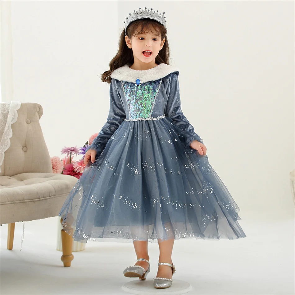 Elsa Long Sleeves Sequin Mesh Princess Dress Girls Snow Queen Cosplay Shiny Gown Kids Xmas Birthday Halloween Party Costume