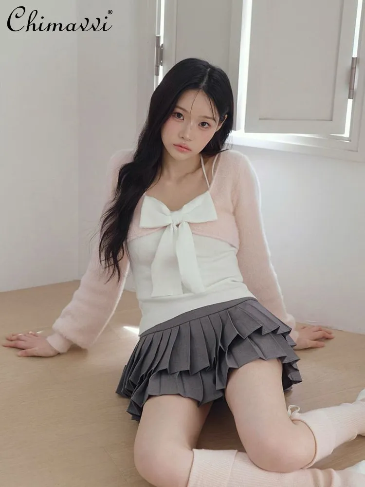 

Japanese 3D Large Bow Decoration Sweet Lace-up Knitted Long Sleeve Two-piece Set Spring New Cute Girl Elegant Lolita Top