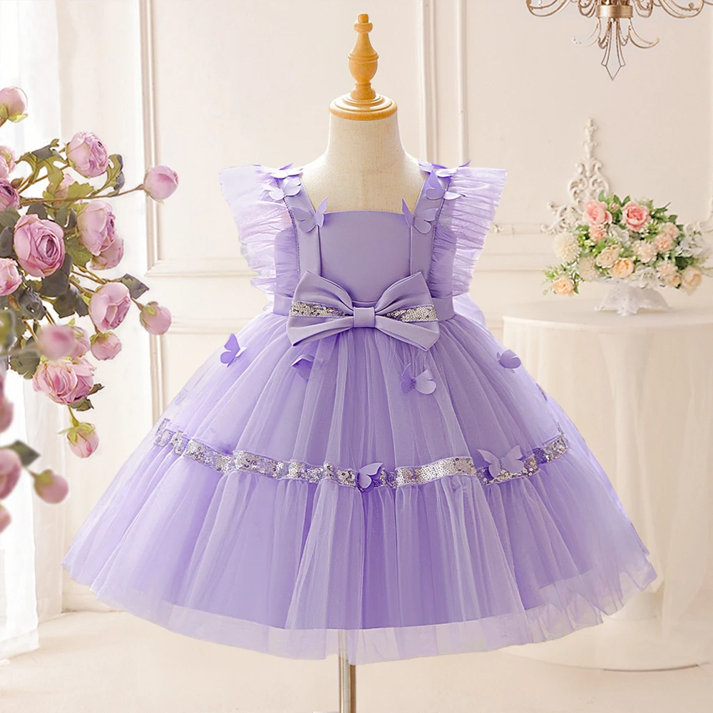 Girl Sequins Bow Mesh Ball Gown Elegant Princess Wedding Childrens Fashion Show Violin Birthday Party Piano Performance Costume