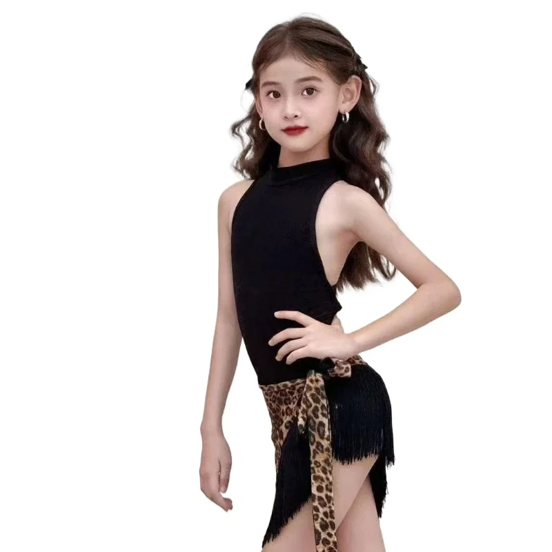 夏子供ラテンダンスドレス服女の子練習セットスプリットタッセルヒョウ柄タイトフィットスカート練習スーツ