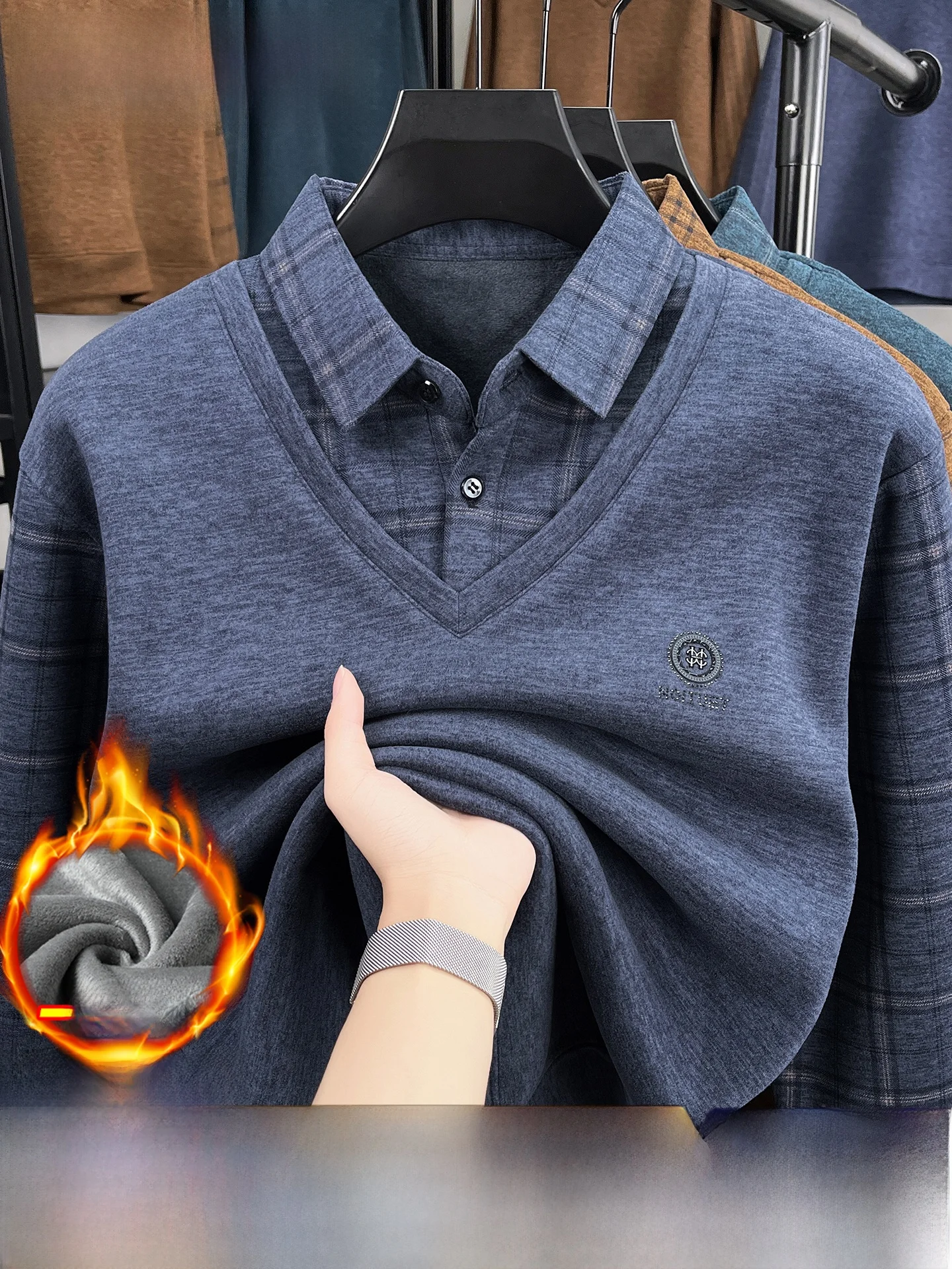 

Thiened Woolen irt Stand Collar Sweater Men's Casual Long Sve Top Pure Color Dad's irt Fake Two-Piece