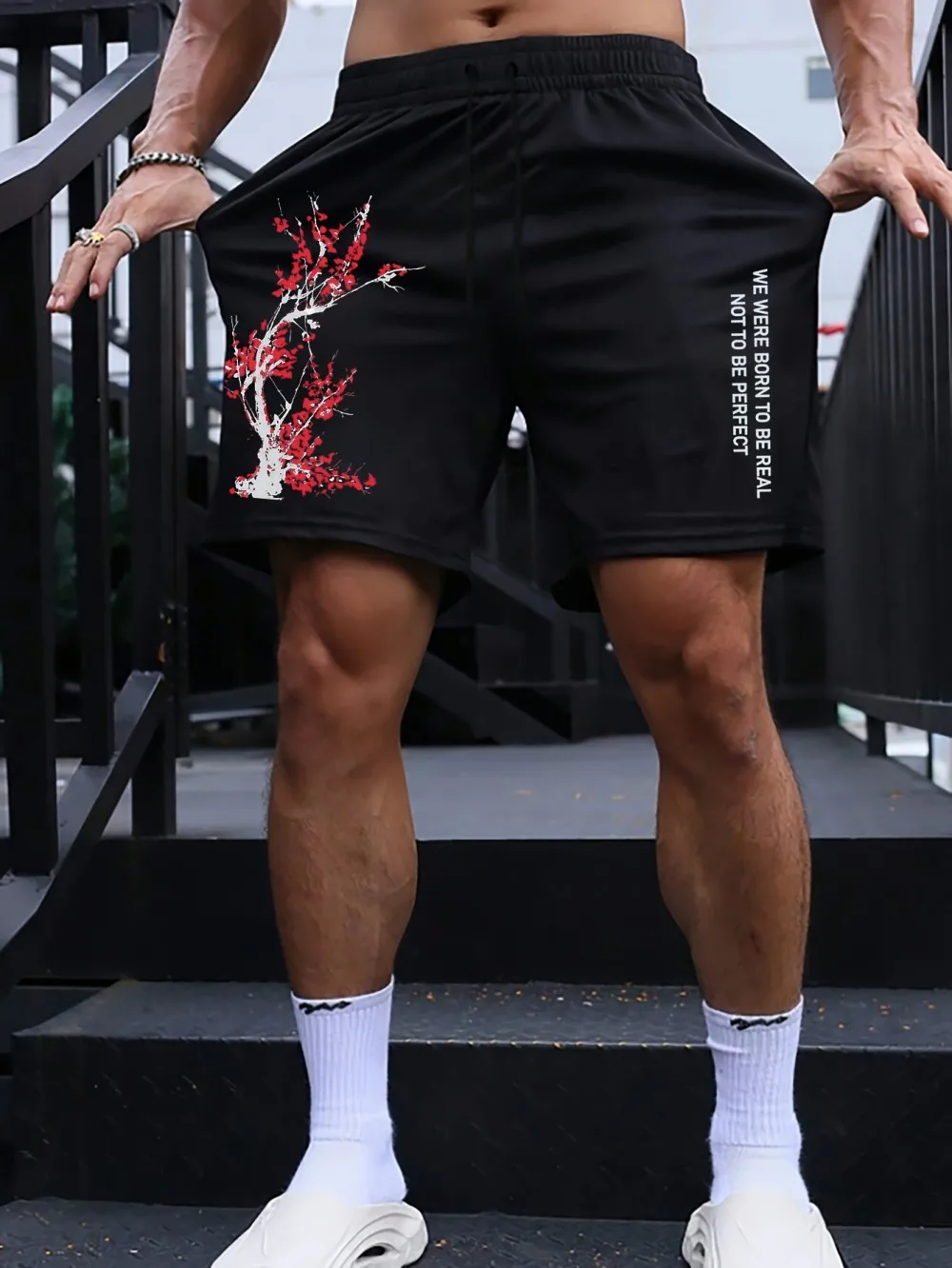 

European and American men's summer plum blossom letter print comfortable breathable drawstring shorts outdoor casual pants