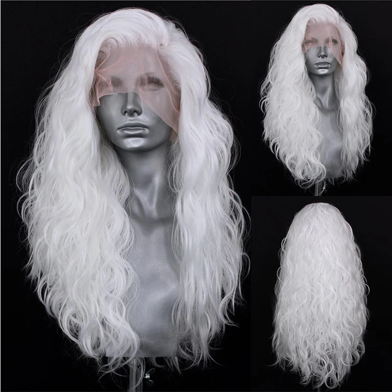 

Pure White Water Wave Synthetic Lace Front Wig Snow Color Curly Wig 10% Human Hair Transparent Lace Wig for Women 180 density