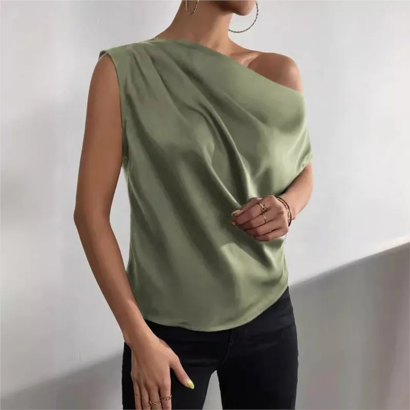 Elegant Off Shoulder Green Shirt 2024 Women\'s Summer New Fashion Versatile Oblique Collar Pinched Pleated Asymmetric Tank Top