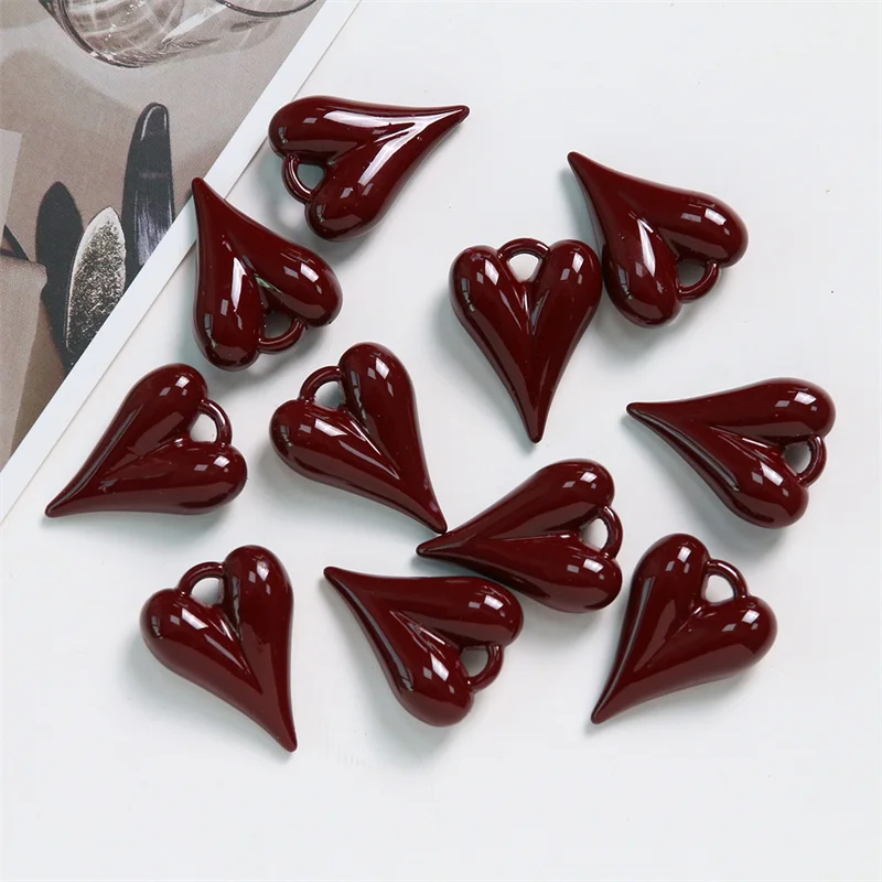 

New style 50pcs/lot dark red color print cartoon hearts shape resin beads with hanger diy jewelry garment hair accessory