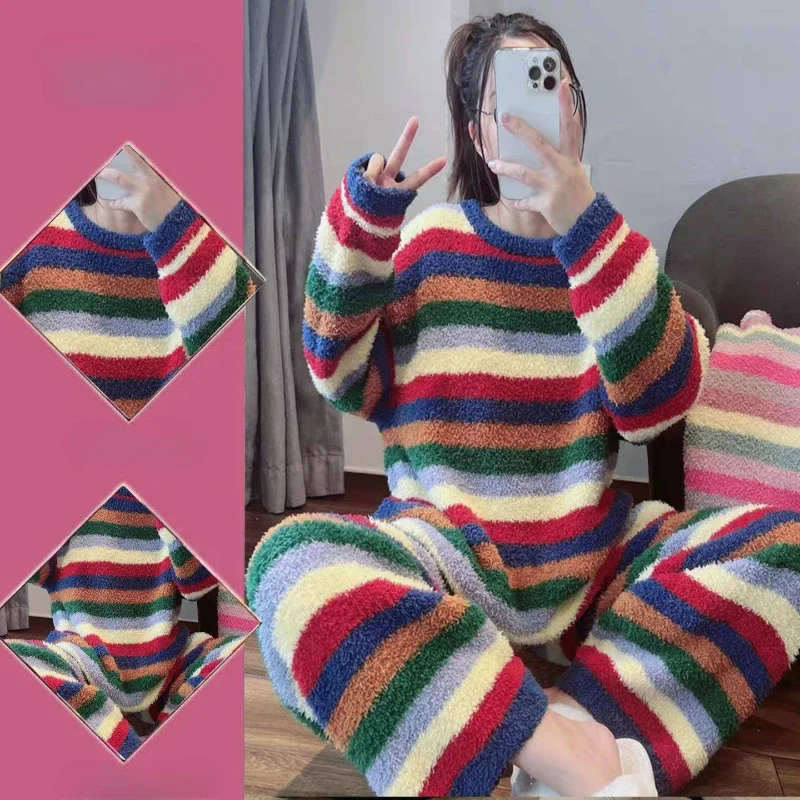 Rainbow Striped Half Velvet Pajamas for Women Winter New 2024 Thick Warm Sweet Student Home Wear Set Simple Comfortable Outside