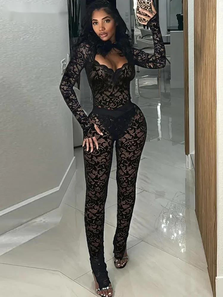 

2 Piece Set Women Sexy Hollow Jacquard Backless Bodysuit+Leggings Tight Activity Clubwear Skinny Outfits Sheer Fashion Women P9C