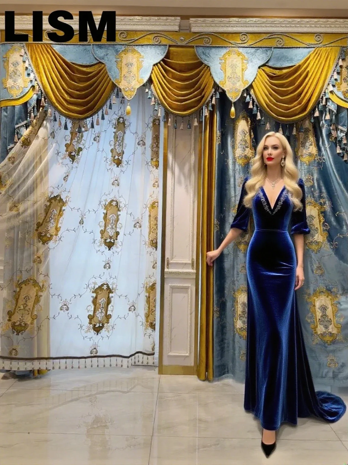 

Luxury European Curtains for Living Room Bedroom Blackout Embroidered Blue Velvet Window Decor Custom Elegant Valance Lace Tulle