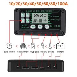 20/30/40/50/60/80/100A Solar Charge Controller MPPT 12V 24V Charge Controller Dual USB Auto Solar Cell Panel Charger Regulator