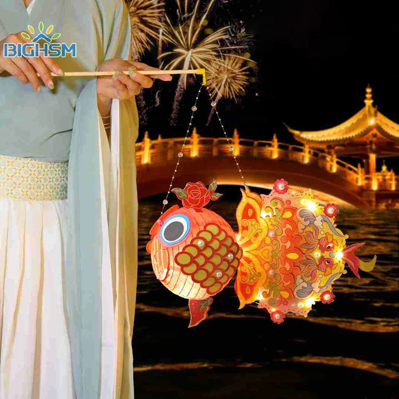 1Set Handmade Chinese New Year Mid-autumn Festival Goldfish Paper Lantern Set For Night DIY Lantern With Carrying Pole