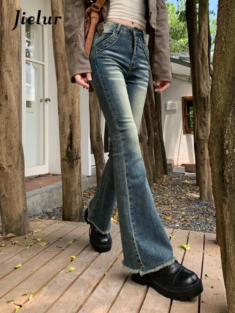 Jielur Slim Vintage Blue High Waist Women's Jeans American Style Fashion Streetwear Casual Tight Hip Simple Female Flare Pants