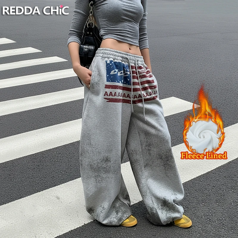 

REDDACHiC термостойкие спортивные штаны с завязками на талии и карманами, парашютные флисовые подкладки, свободные джоггеры с принтом, школьная повседневная женская одежда