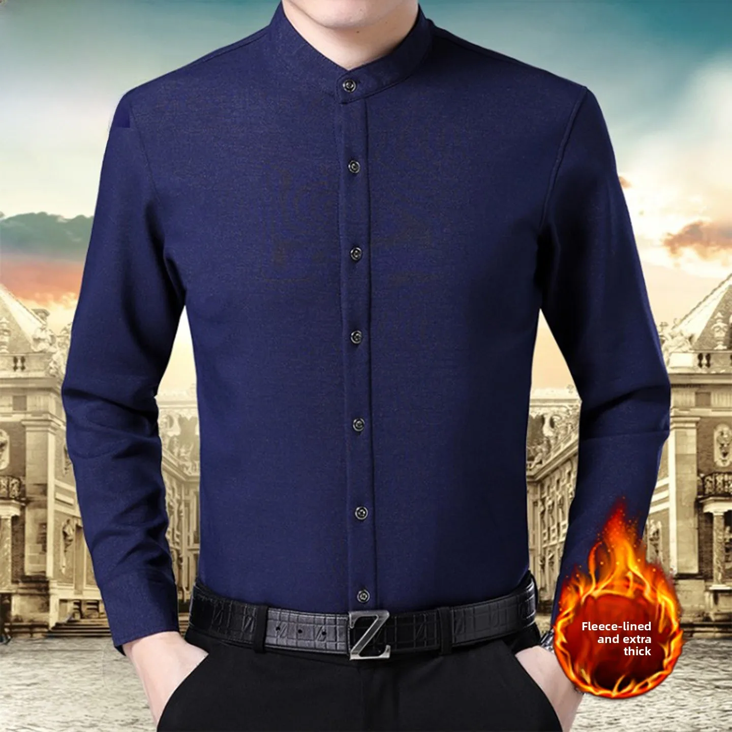 

Thiened Long Sve Fce Lined Stand Collar Casual Warm irt for Middle-Aged And ly Men Winter Busin Sle Polye...