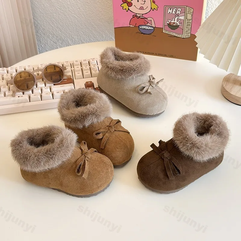 

2025 Winter Girls' Sweet Bow Design Hairy Casual Princess Shoes Childrens' Warm Comfortable Fashon Versatile Plush Cotton Boots
