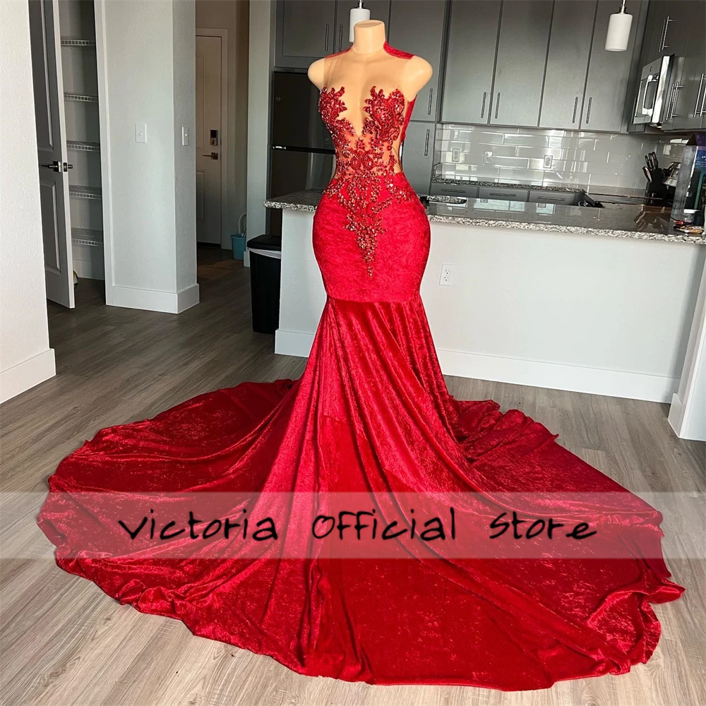 Spicy Red Velvet Birthday Prom Dresses Beaded Rhinestones Mermaid Birthday Dress Black Girls 2025 Cocktail Evening Customized