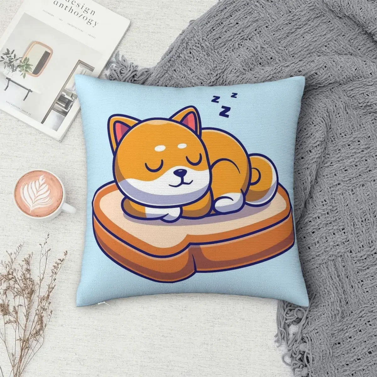 

Cute Shiba Inu Dog Sleeping With Bread Pillowcase Polyester Pillows Cover Cushion Comfort Throw Pillow Sofa Decorative Cushions