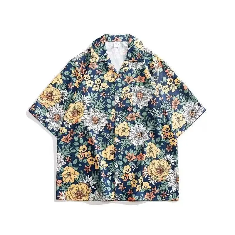 أقحوان عباد الشمس طباعة جديد الكوبية طوق قمصان هاواي النساء الرجال بلوزة قصيرة الأكمام خمر الشاطئ Blusas مهنة 2025