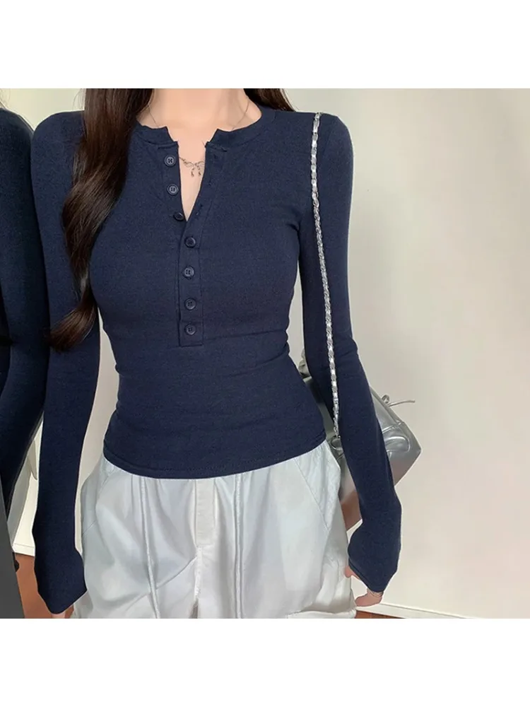 Trendy Button Long Sleeve T-Shirt 2025 New Spicy Girls Skinny Slimming Bottoming Tops Basic All-Match Casual O-Neck Solid Tees