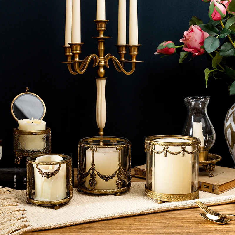 India imported retro brass glass dining table candlestick cup makeup brush lipstick storage jar light luxury home ornament