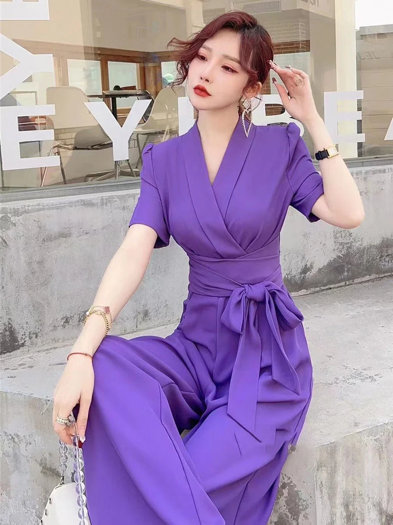 

Women Summer V-Neck Sexy Jumpsuits Solid Elegant Short Sleeve Wide-leg Overalls Bodysuit Long Trousers Ladies Outfit Playsuit