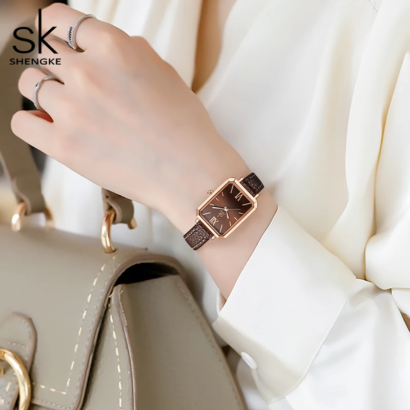 Shengke Brand Women Watches SK Fashion Square Ladies Quartz Watch Bracelet Gray Dial Simple Rose Gold Mesh Luxury Women Watches