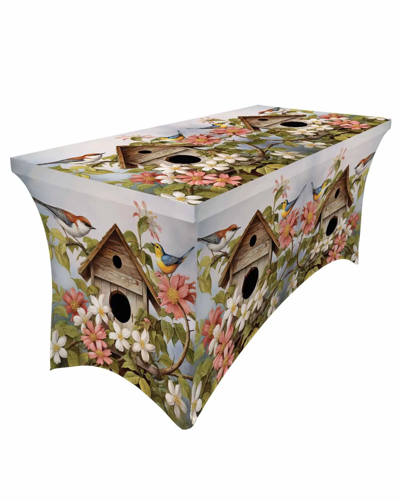 Spring Vintage Birdhouse Flowers Birds Elastic Table Skirt Wedding Hotel Birthday Table Cover Buffet Table Tablecloth Decor