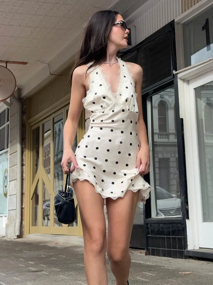 القطب الشمالي أنيقة الساتان البولكا نقطة Bodycon فستان المرأة مثير العميق الخامس الرقبة عارية الذراعين تنورة ضئيلة الصيف 2025 عطلة الشاطئ الشارع فستان