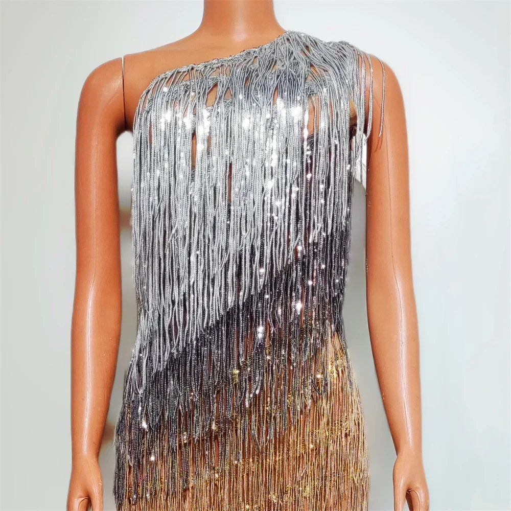 Tassel Single Shoulder Dress Sexy Sequins Transparent Sleeveless Party Birthday Celebrate Fringe Dress Stage Performance Costume