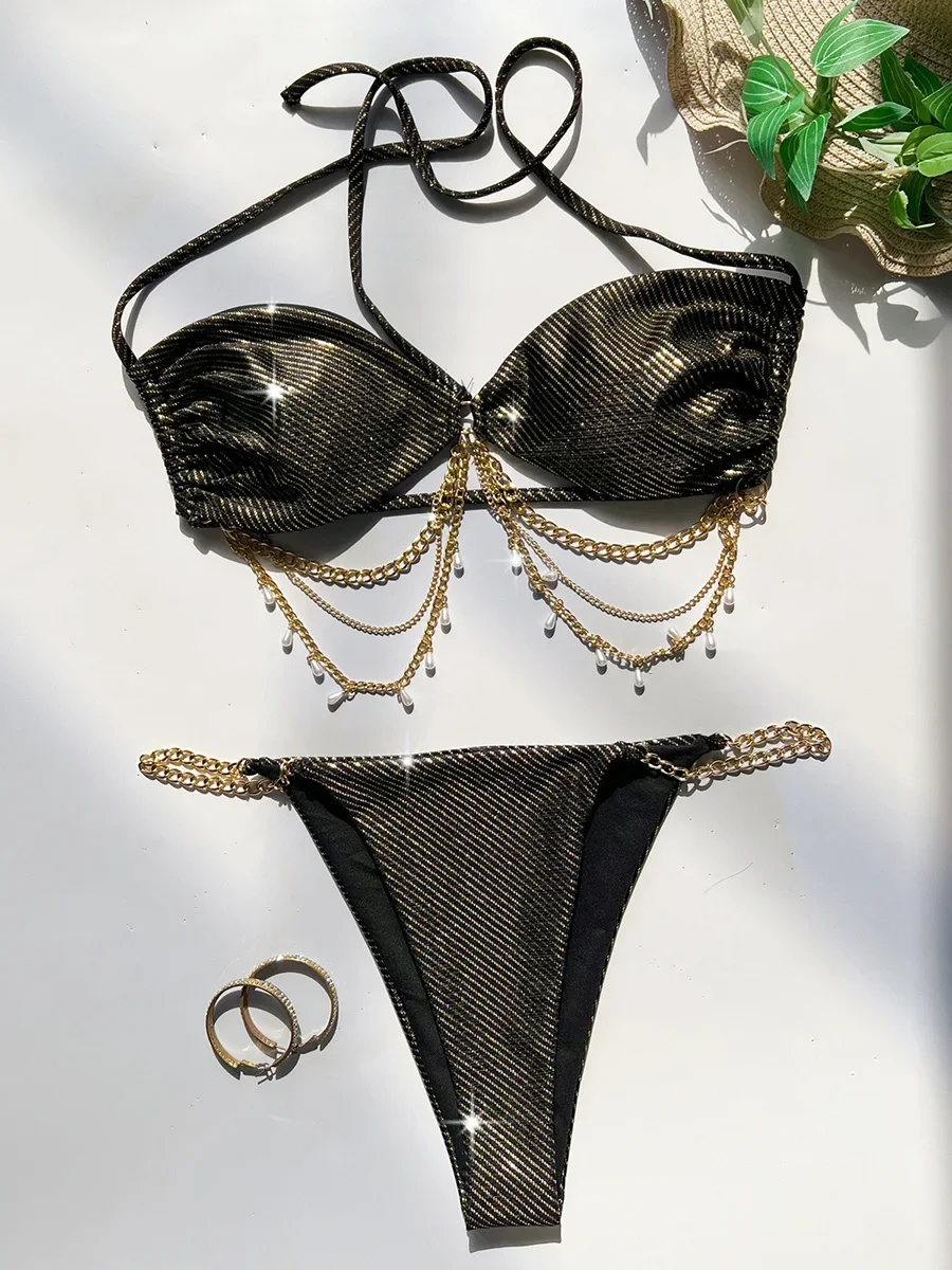 Maillot de bain deux pièces en métal perlé pour femme, bikini sexy, ensemble pour baigneur