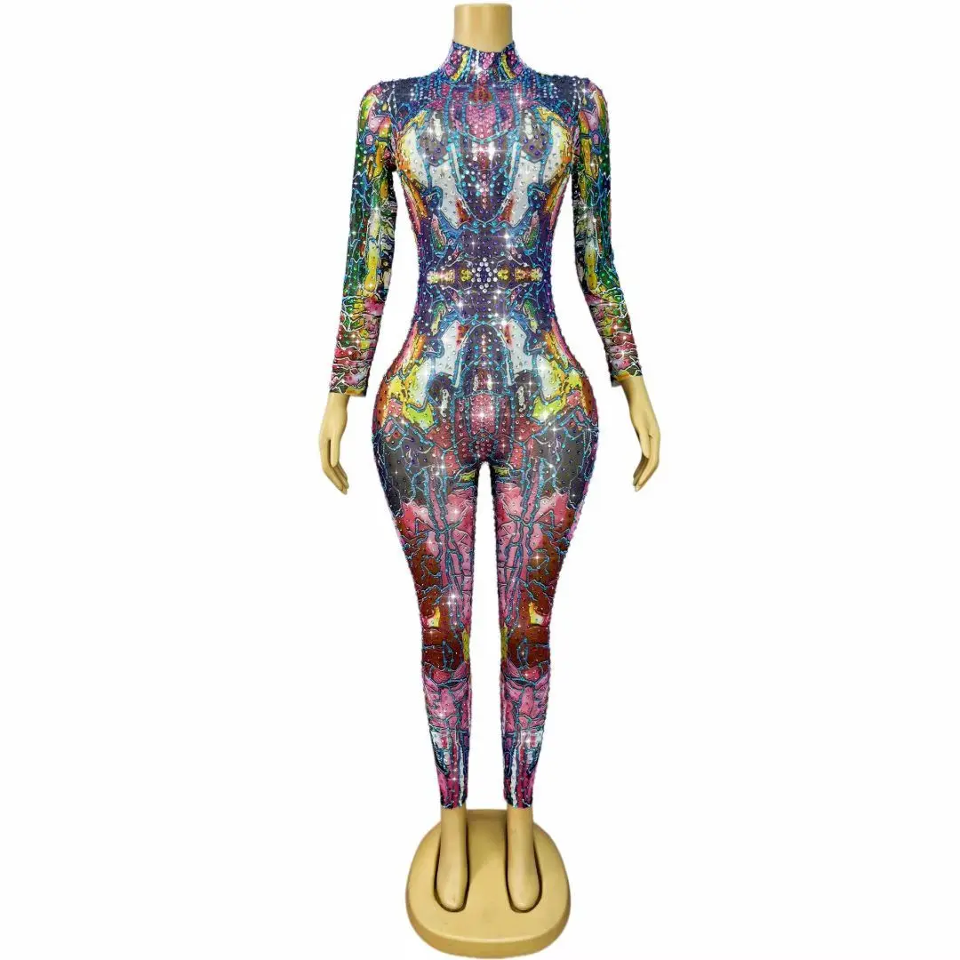 Sexy Long Sleeves Print Rhinestone Jumpsuit Women Stretch Skinny Bodycon Rompers Club Party One Piece Bodysuit Dancer Leotard
