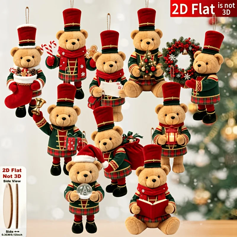 20/10 Stück, zufällig sortierte, flache, handgefertigte Weihnachtsornamente in Bärenform aus Holz, mit verschiedenen Weihnachtsmotiven, geeignet für Bäume, zur Dekoration von Wohnräumen, für Partys und als Weihnachtsge – Detail 1
