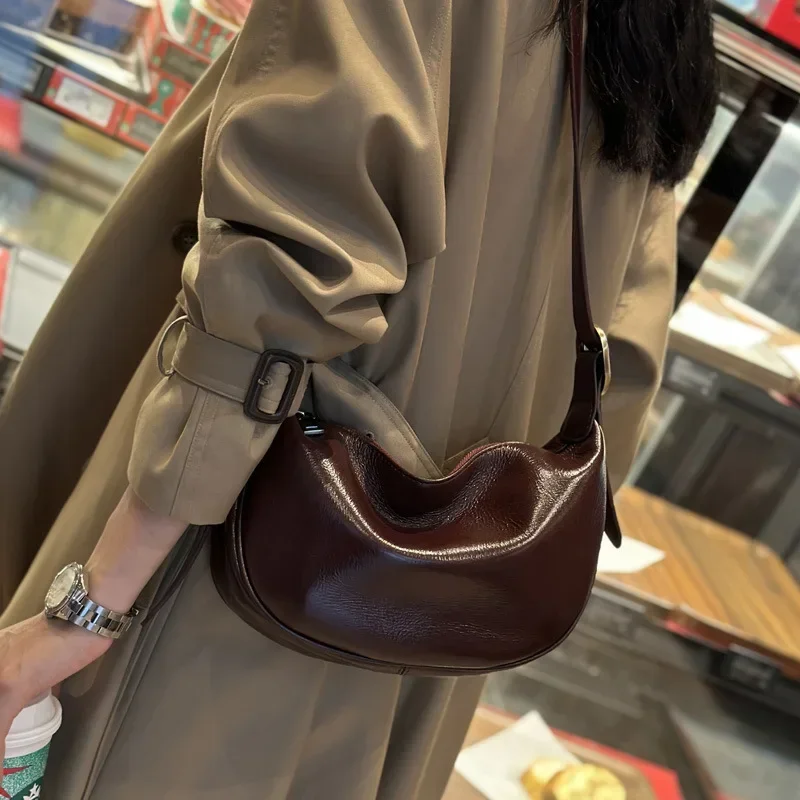 Leather Women's Bag 2024 Armpit Dumpling Vintage Commuter Cowhide Shoulder Crossbody Bag Women's Saddle Purses And Handbags