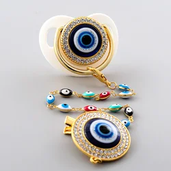 White Pacifiers Evil Eye With Chain Clip Newborn Silicone Pacifier Gold Bling Infant Nipple BPA Free Baby Chupetero
