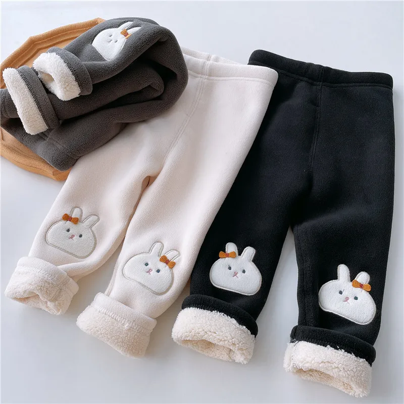 Baby\'s Winter Leggings Thickened Lamb Fleece Integrated Warm Pants  Wearing Pants Outside for Girls Aged 2-8 Elastic Tight Pants