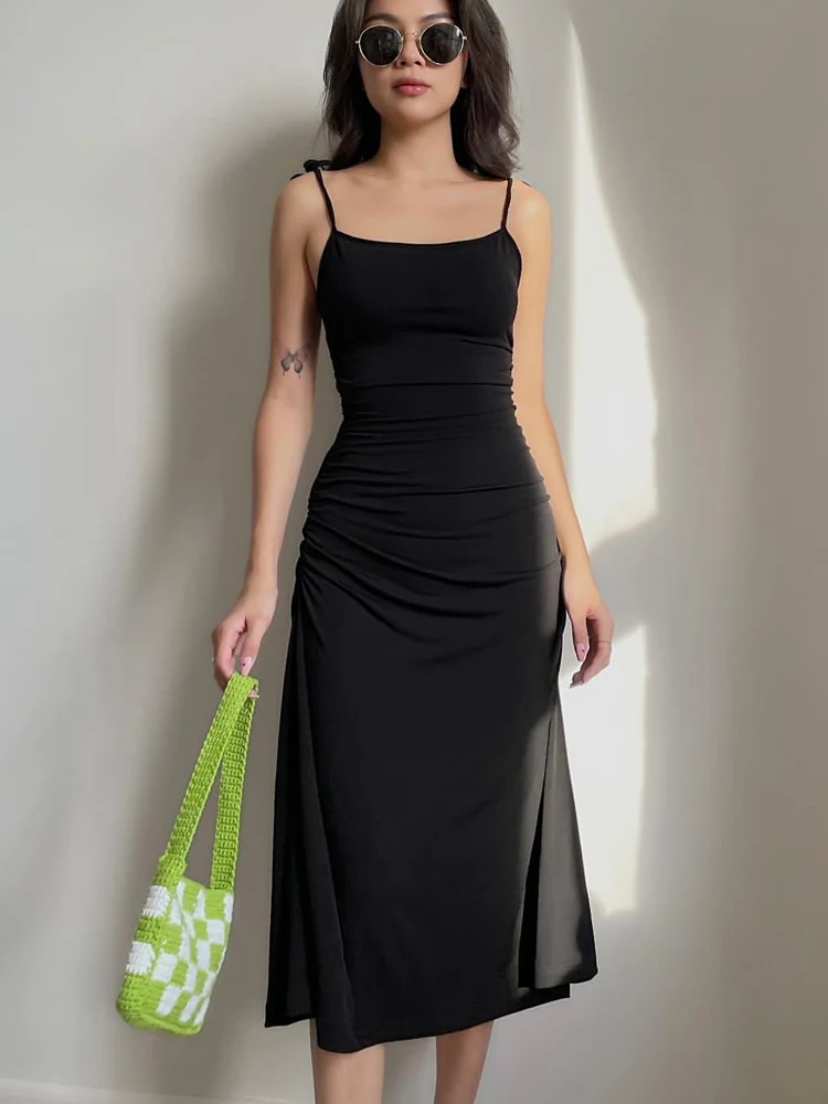 Darlingaga Fashion Strappy Ruched Sexy Black Dress Irregular Elegant Backless Long Dress Party Summer Dresses Women 2021 Clothes