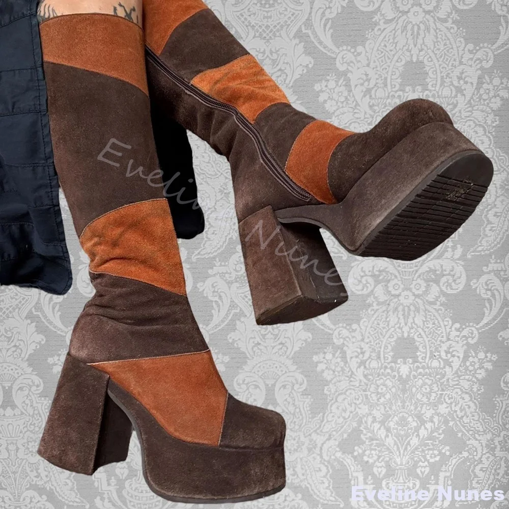 

Platform Wedges Mixed Colors Boots Women Retro Brown Suede Round Toe Back Zipper Knee High Boots Fashion Anti-slip Long Boots