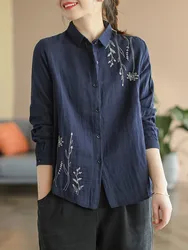 New Women Long Sleeve Cotton Shirts New Arrival Spring Vintage Style Floral Embroidery Loose Female Casual Tops Shirt