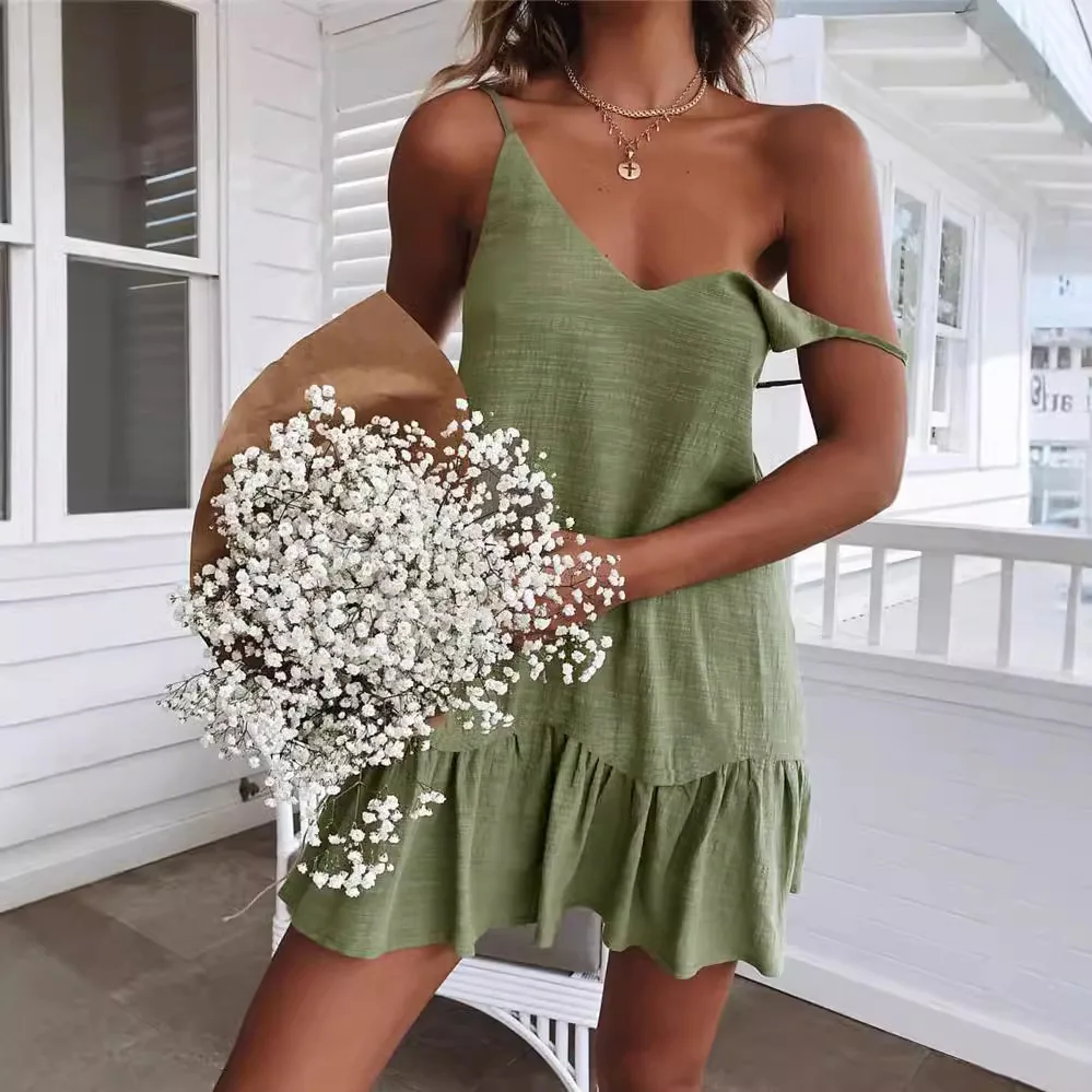 Summer Sexy Spaghetti Strap Mini Dresses Off Shoulder Women White/green Dress Ruffle Hem Beach Cotton Linen Sundress Vestidos