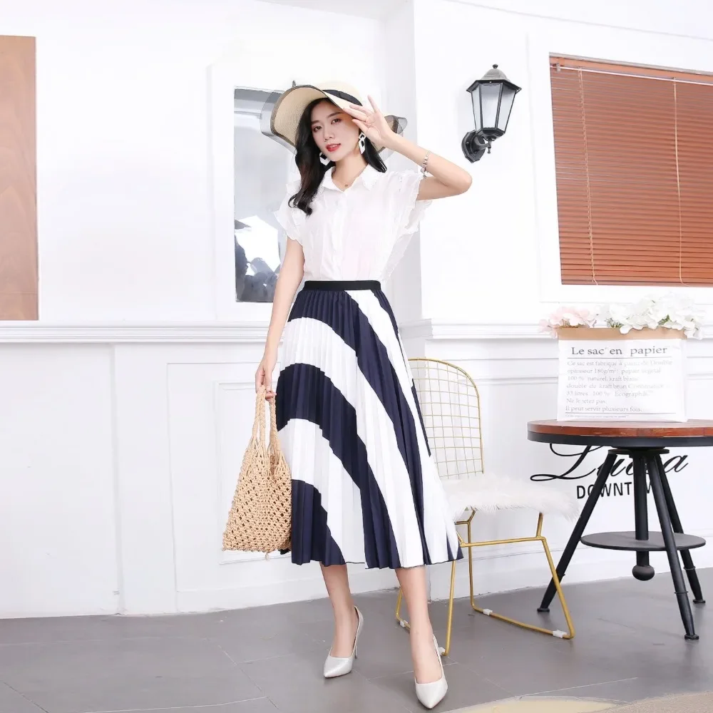 Rok ketat warna hitam putih, rok lipit pinggang tinggi elastis, rok panjang A-line Midi, rok kasual elegan musim panas