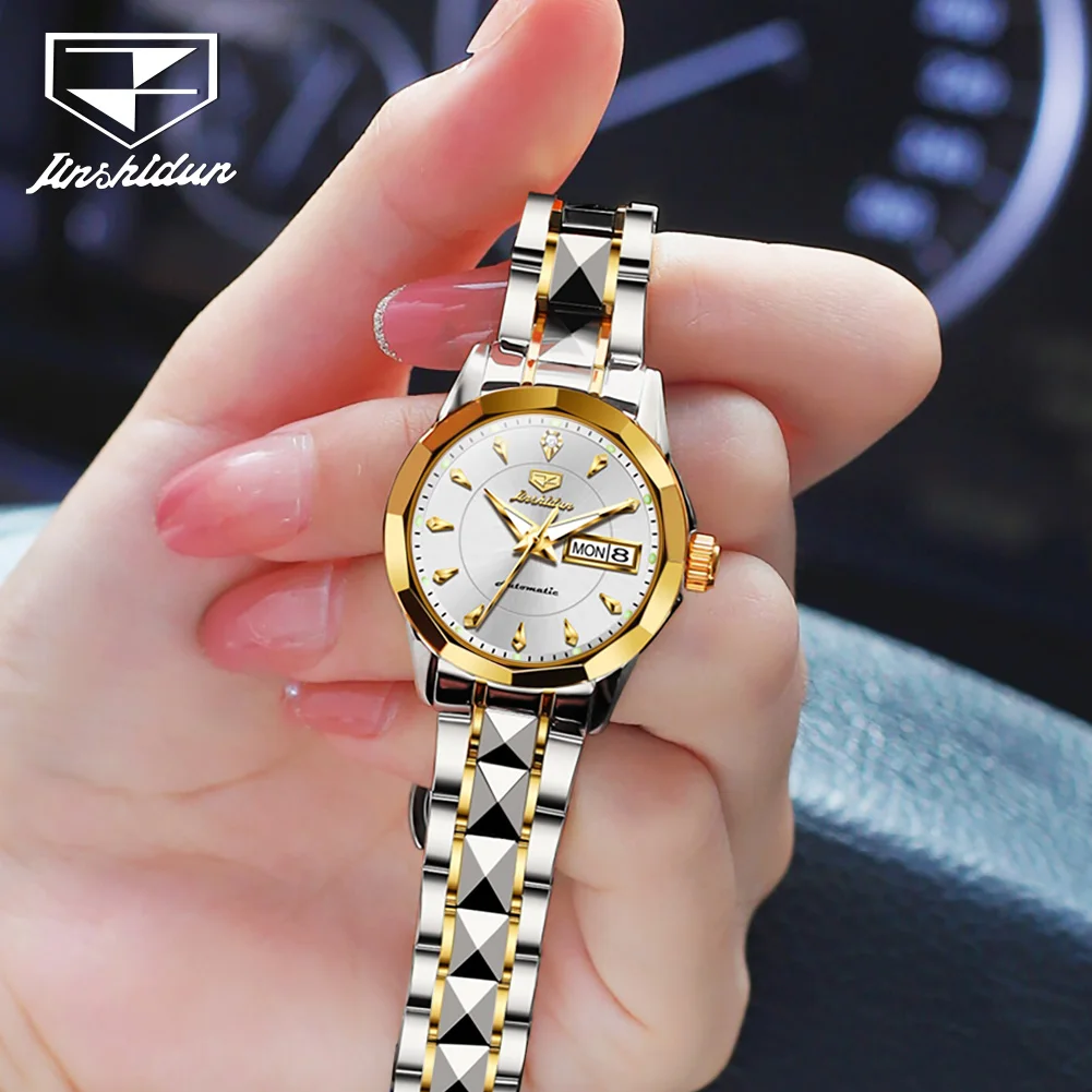 JSDUN Brand Tungsten Steel Couple Watch Waterproof Fully Automatic Mechanical Watch for Man and Ladies Date Original Wristwatch