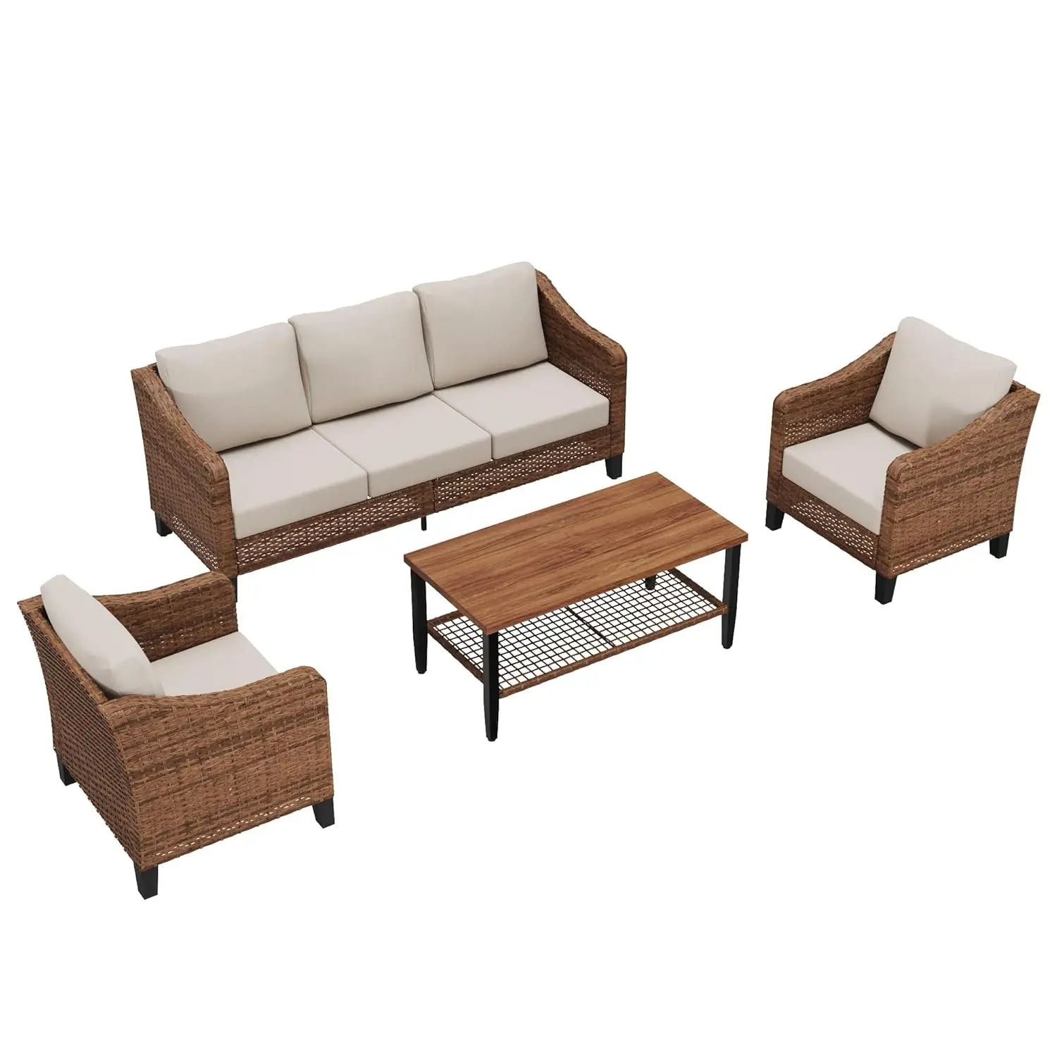 #4-Seat Modular Wicker Patio Conversation Set Sectional Sofa Loveseat 2-Tier Coffee Table Backyard Garden Use,Customized