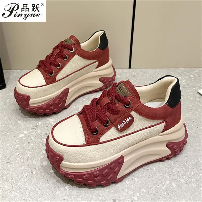 

6.5cm Genuine Leather Women Chunky Sneakers Loafer Mixed Color Loafer Platform Wedge Flats Spring Autumn Vulcanize Shoes 32-40