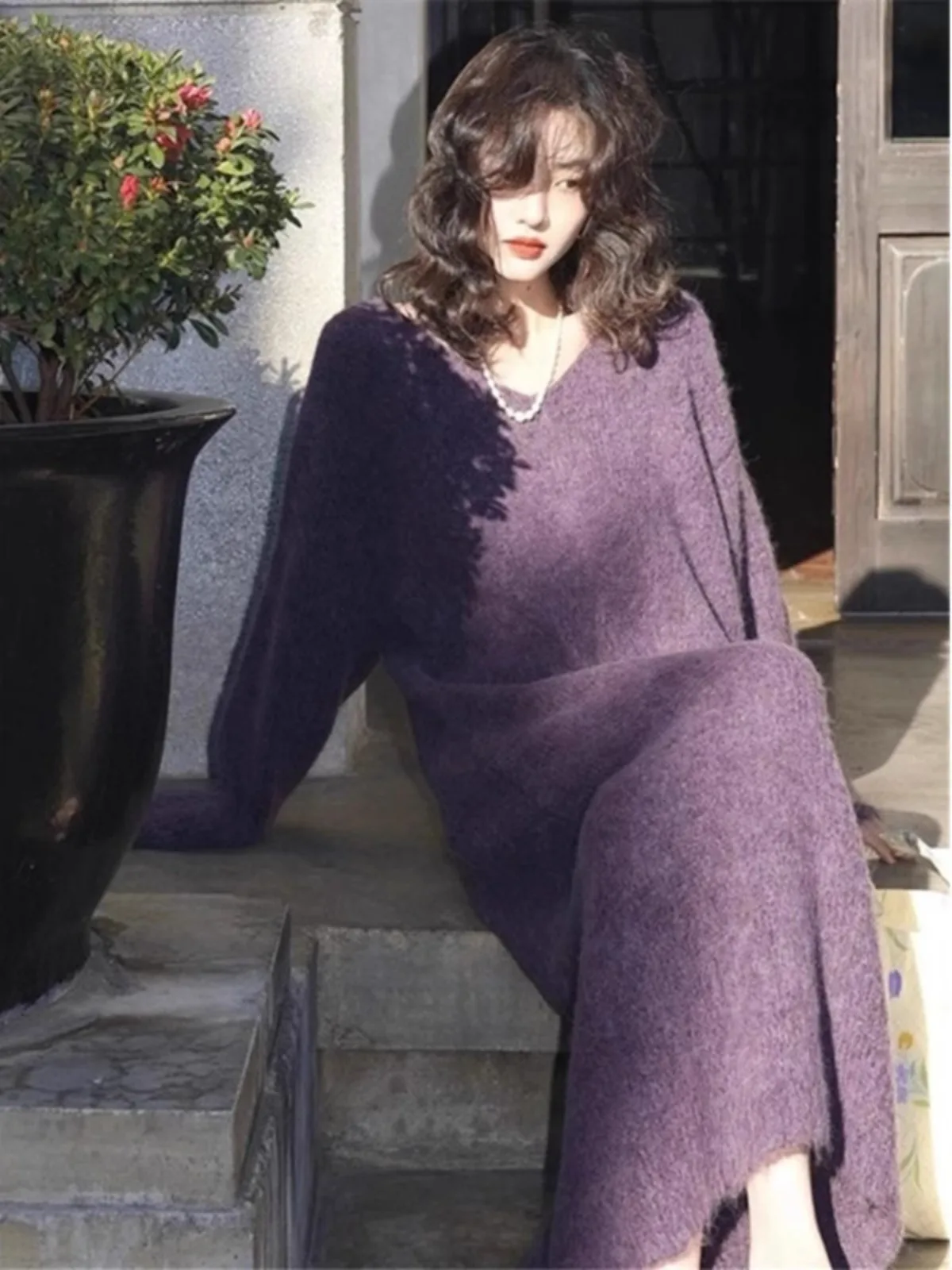 

Spring Autumn V-Neck Elastic Knit Long Dresses Women 2025 Elegant Chic Soft Lady Hollowing Sweater Dresses Femme New CQ307