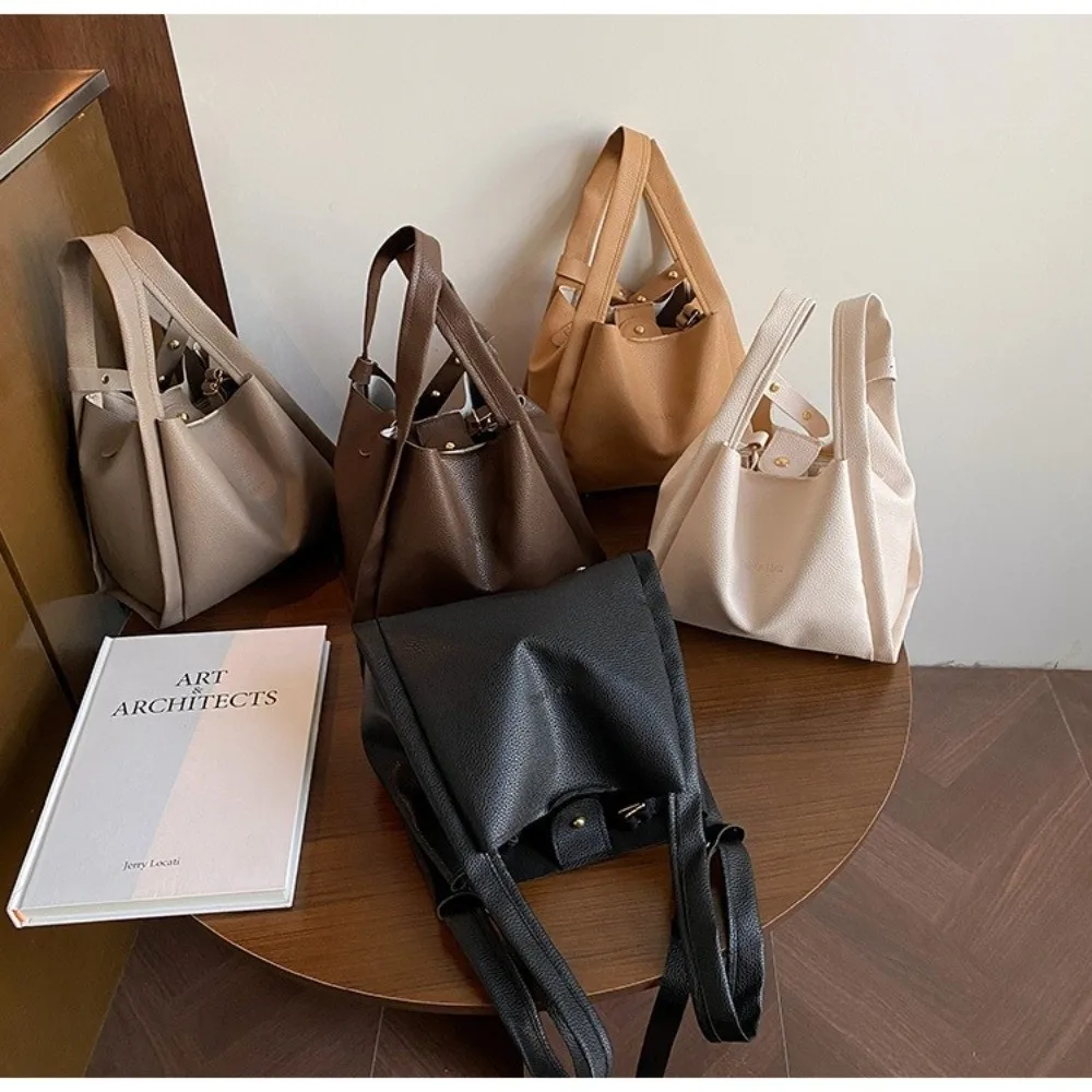 

2pcs/set Portable Versatile Bucket Handbags Solid color Luxury Single Shoulder Bag With Small Bag Pu Leather Underarm Bag Daily