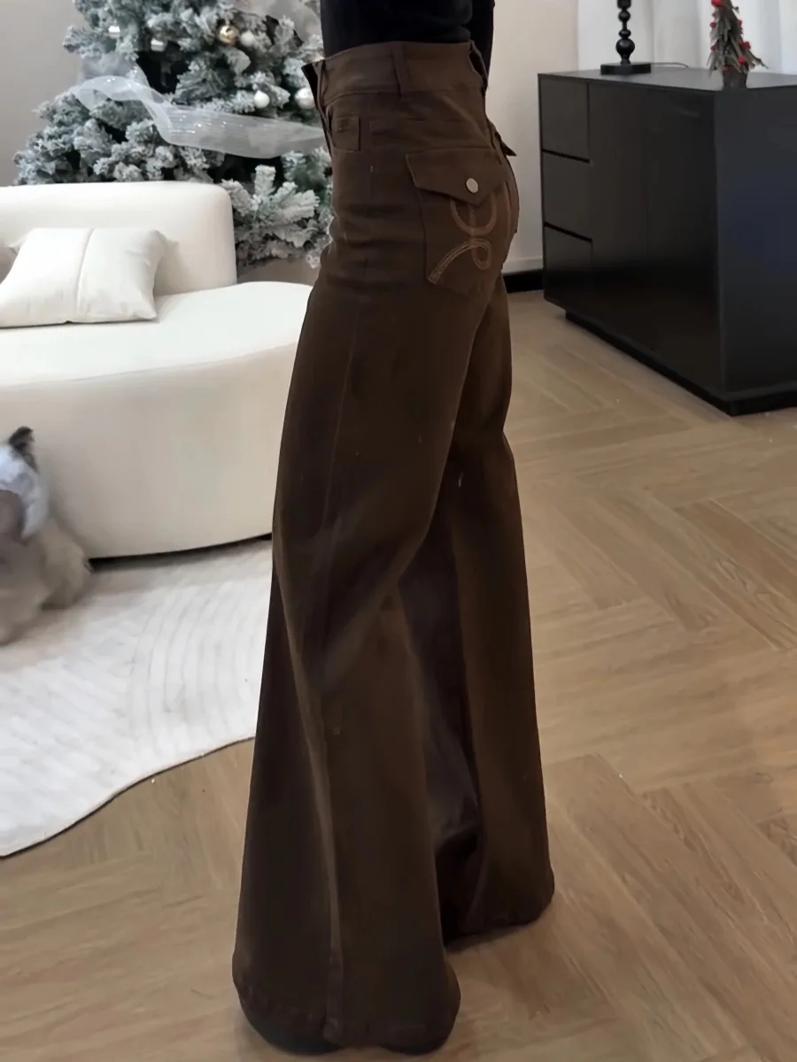 Retro American Coffee-Colored Slim Fit Bell Bottom Jeans Women's Autumn Winter New Design Sensation Slim Straight Wide Leg Ho...
