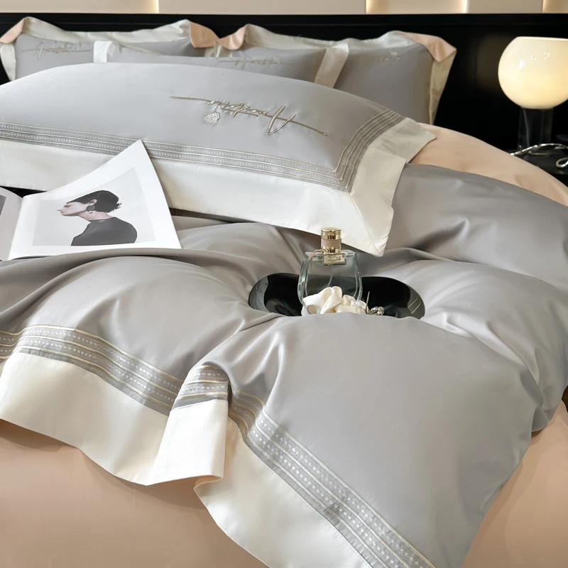 4Pcs Light Luxury Style Long Staple Cotton High-end European Embroidery Bedding Duvet Cover 200x230 220x240 Four Seasons