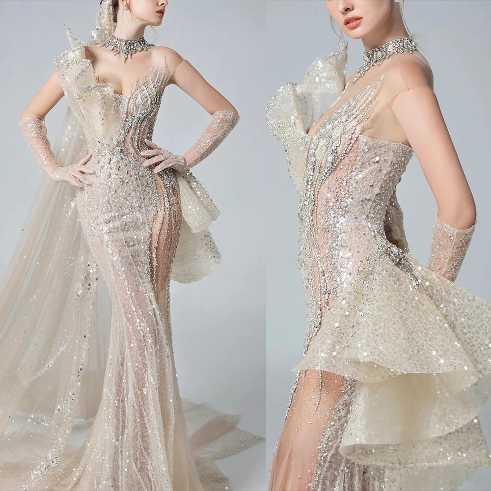 Sexy See Through Evening Dress Ruffled Crystal Beaded Sequins Engagement Prom Dresses Customized Beauty Pageant Gest Gowns