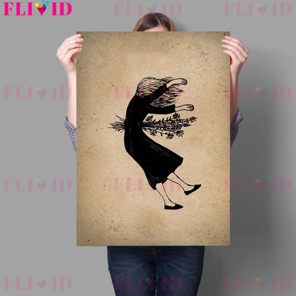 Flying Witch And Moon Retro Wall Art Canvas Painting Fantasy Witchcraft Magic Retro Pencil Drawing Poster And Prints Home Decor