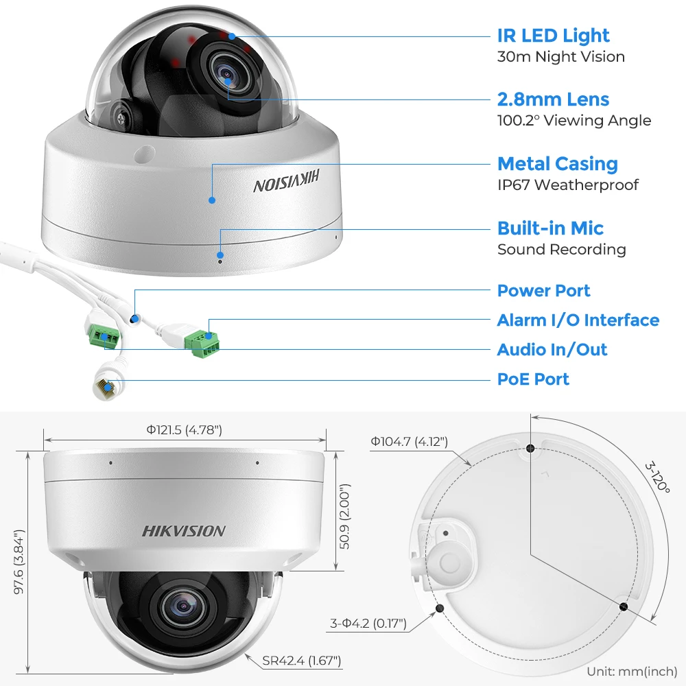 Hikvision 4MP DarkFighter IP Camera 4MP Dome AcuSense Network Camera DS-2CD2146G2H-ISU Built-in Mic IP67 IK10 BLACK WHITE